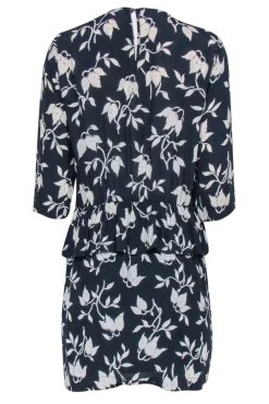Ganni - Navy & White Floral Print Long Sleeve Peplum Dress Sz M