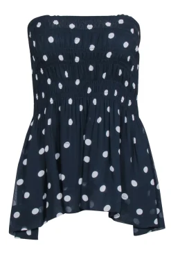 Ganni - Navy & White Polka Dot Smocked Top Sz 0