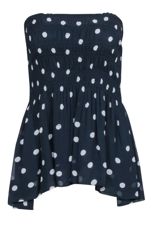 Ganni - Navy & White Polka Dot Smocked Top Sz 0