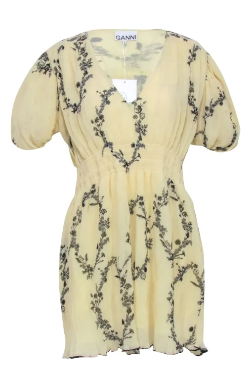 Ganni - Pale Yellow & Black Print Dress Sz 6