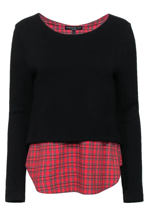 Generation Love - Black Waffle Knit Sweater w/ Red Plaid Shirt Underlay Sz S