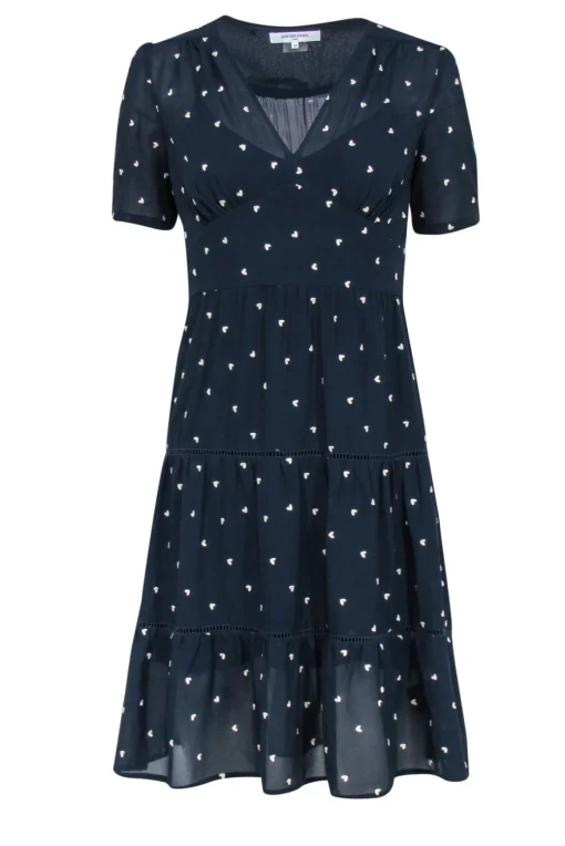 Gerard Darel - Navy & White Heart Embroidered Tiered A-Lined Dress Sz 6
