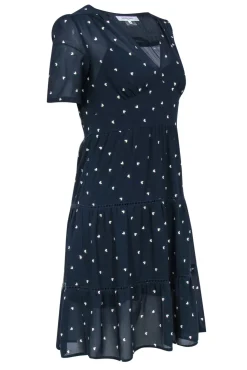 Gerard Darel - Navy & White Heart Embroidered Tiered A-Lined Dress Sz 6