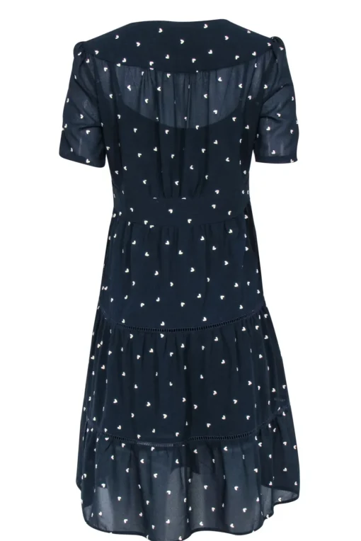 Gerard Darel - Navy & White Heart Embroidered Tiered A-Lined Dress Sz 6