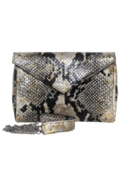 Gigi New York - Beige, Black & Gold Snakeskin Print Fold Over Chain Crossbody
