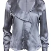 Giorgio Armani - Light Gray Silk Blouse w/ Draped Shawl Collar Sz 8