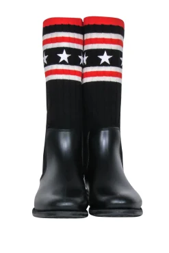 Givenchy - Black Rubber & Ribbed Sock-Style Boots w/ Stars & Stripes Print Sz 8