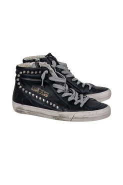 Golden Goose - Black Leather Slide Mid-Top Leather Stud Sneakers Sz 7