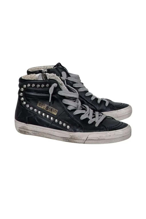Golden Goose - Black Leather Slide Mid-Top Leather Stud Sneakers Sz 7