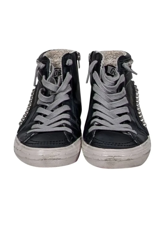 Golden Goose - Black Leather Slide Mid-Top Leather Stud Sneakers Sz 7