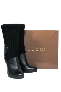 Gucci - Black Leather & Ribbed Knit Fold-Over Wedge Boots Sz 7