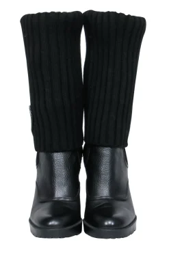 Gucci - Black Leather & Ribbed Knit Fold-Over Wedge Boots Sz 7