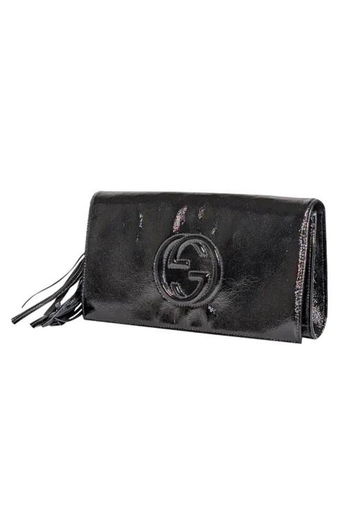 Gucci - Black Patent Leather Tassel Trim Long Clutch