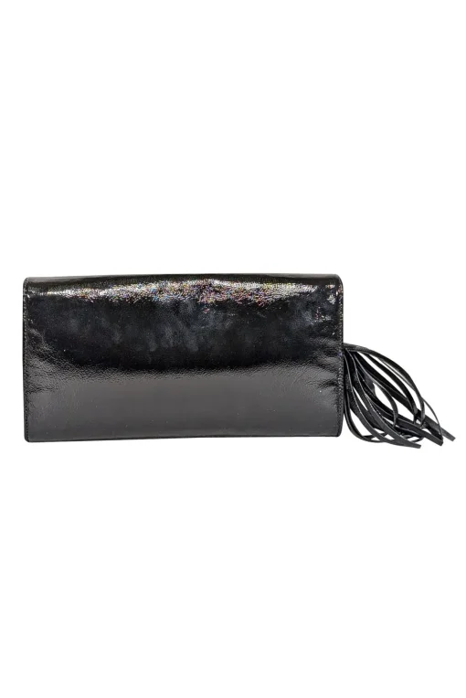 Gucci - Black Patent Leather Tassel Trim Long Clutch