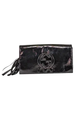 Gucci - Black Patent Leather Tassel Trim Long Clutch
