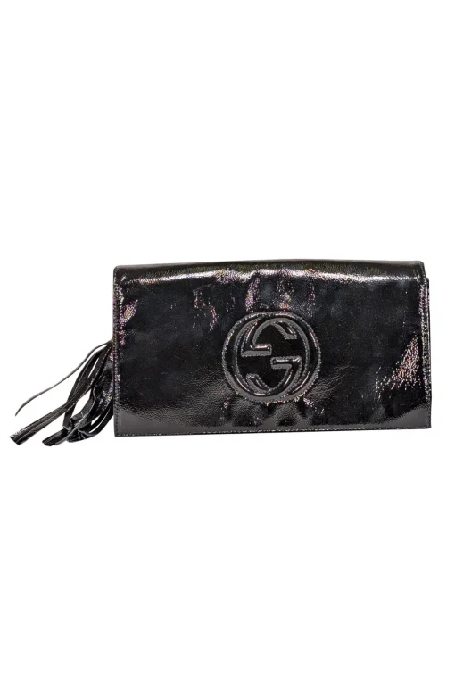 Gucci - Black Patent Leather Tassel Trim Long Clutch