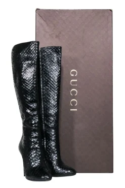 Gucci - Black Snake Skin Textured Leather Stiletto Tall Boots Sz 9