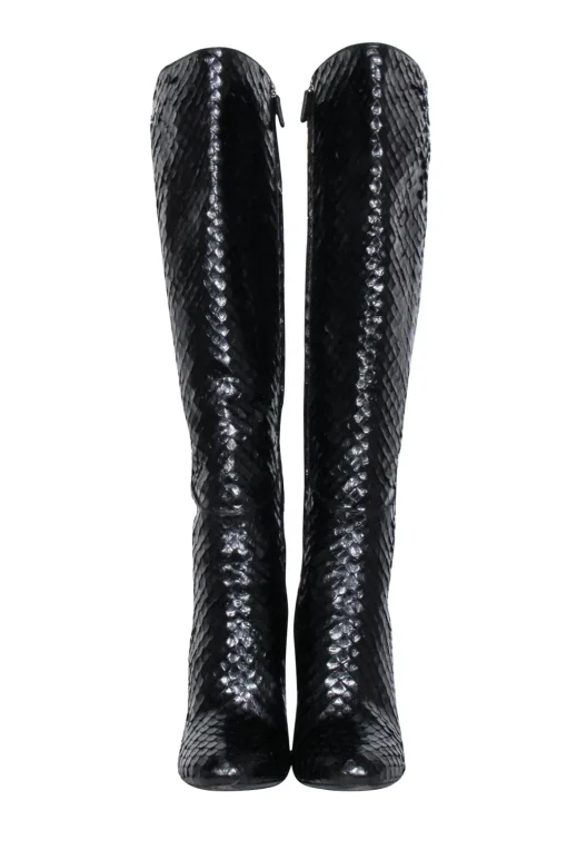 Gucci - Black Snake Skin Textured Leather Stiletto Tall Boots Sz 9