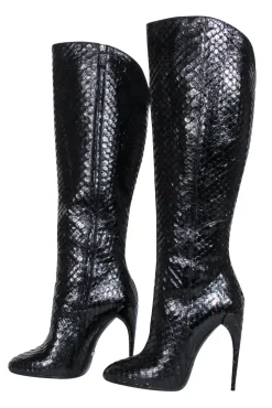 Gucci - Black Snake Skin Textured Leather Stiletto Tall Boots Sz 9