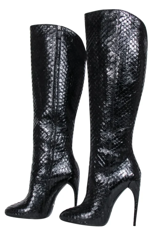 Gucci - Black Snake Skin Textured Leather Stiletto Tall Boots Sz 9