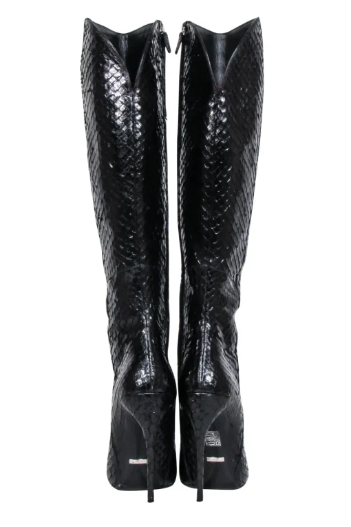 Gucci - Black Snake Skin Textured Leather Stiletto Tall Boots Sz 9