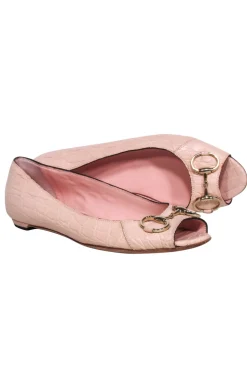 Gucci - Light Pink Reptile Embossed Peep Toe Flats Sz 8