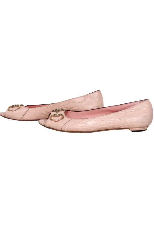 Gucci - Light Pink Reptile Embossed Peep Toe Flats Sz 8