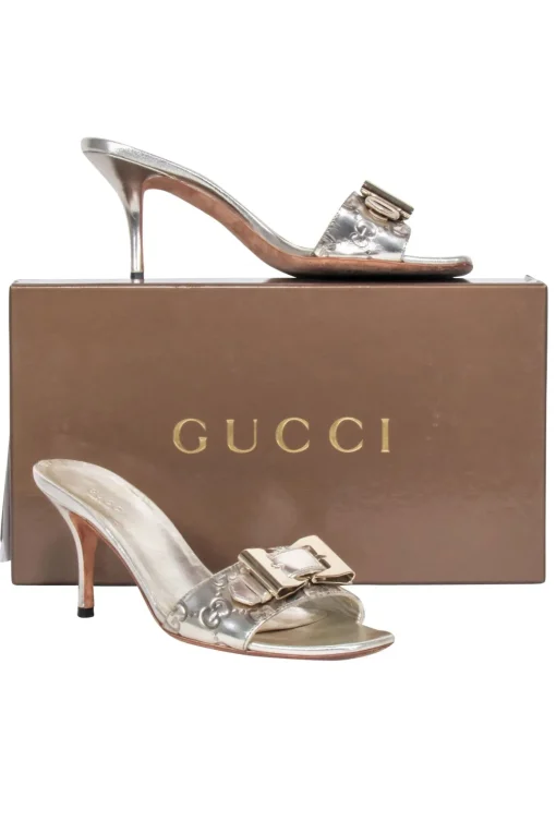 Gucci - Silver Embossed Logo Buckle Front Open Toe Pumps Sz 6.5
