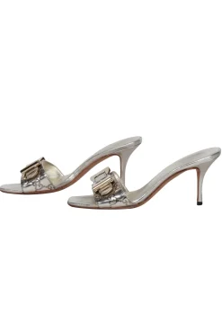 Gucci - Silver Embossed Logo Buckle Front Open Toe Pumps Sz 6.5