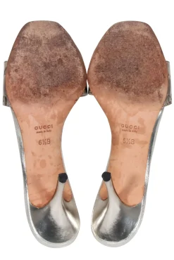 Gucci - Silver Embossed Logo Buckle Front Open Toe Pumps Sz 6.5
