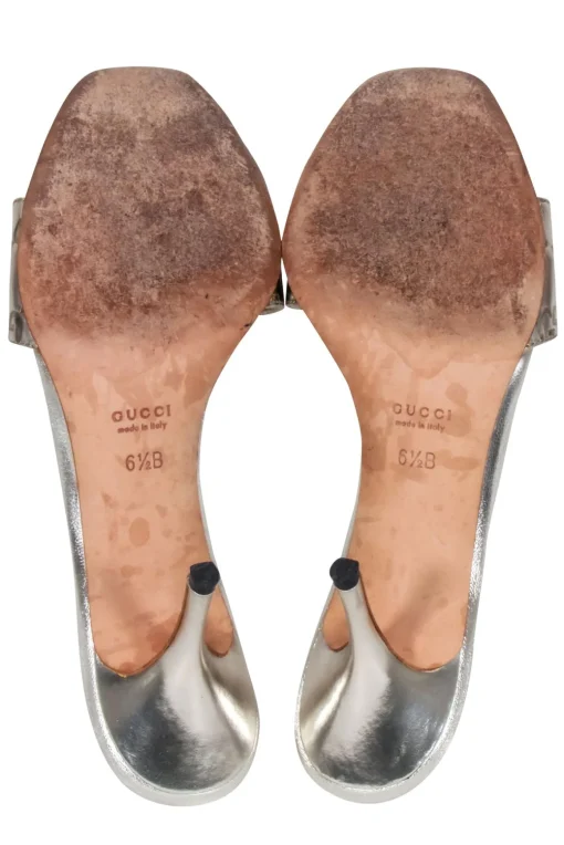 Gucci - Silver Embossed Logo Buckle Front Open Toe Pumps Sz 6.5