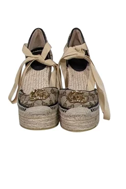 Gucci - Tan Monogram Wrap Around Espadrilles Sz 4