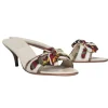 Gucci - White Leather & Buckle Printed Satin Bow Mule Kitten Heels Sz 12