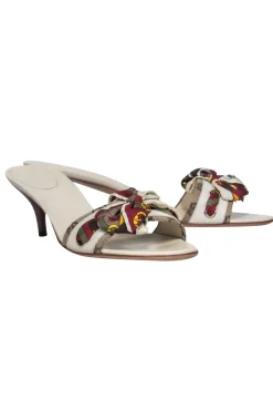 Gucci - White Leather & Buckle Printed Satin Bow Mule Kitten Heels Sz 12