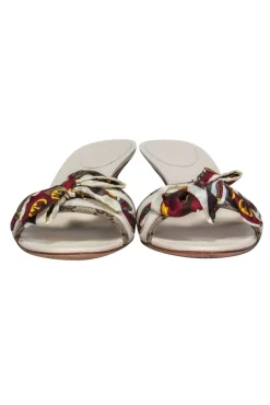 Gucci - White Leather & Buckle Printed Satin Bow Mule Kitten Heels Sz 12