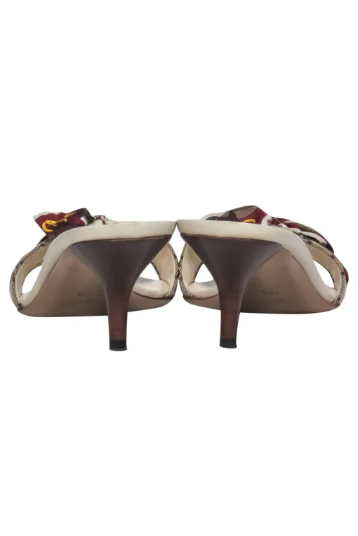 Gucci - White Leather & Buckle Printed Satin Bow Mule Kitten Heels Sz 12