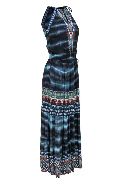 Hale Bob - Blue Bohemian Print Sleeveless Maxi Dress w/ Tassels Sz XS