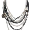 Henri Bendel - Pewter Chain Layered Necklace w/ Faux Pearls & Lock Embellishment