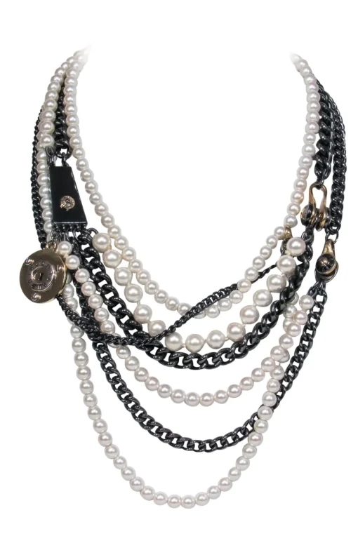 Henri Bendel - Pewter Chain Layered Necklace w/ Faux Pearls & Lock Embellishment