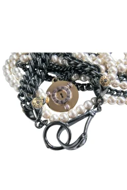 Henri Bendel - Pewter Chain Layered Necklace w/ Faux Pearls & Lock Embellishment
