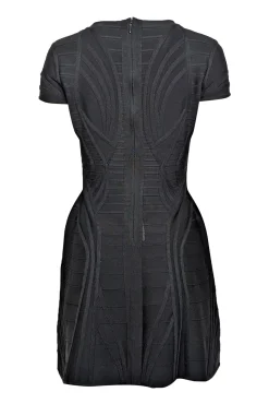 Herve Leger - Black Cap Sleeve Bandage Textured Fit & Flare Dress Sz M