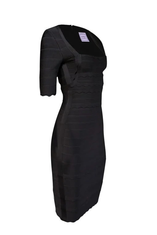Herve Leger - Black Short Sleeve Bandage Dress w/ Scalloped Trim Sz S