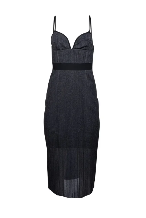 Herve Leger - Metallic Dark Grey Ribbed Knit Dress w/ Black Trim Sz L