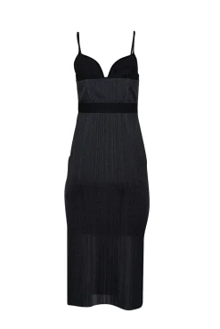 Herve Leger - Metallic Dark Grey Ribbed Knit Dress w/ Black Trim Sz L