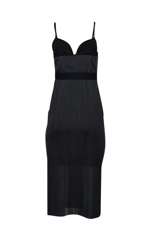 Herve Leger - Metallic Dark Grey Ribbed Knit Dress w/ Black Trim Sz L