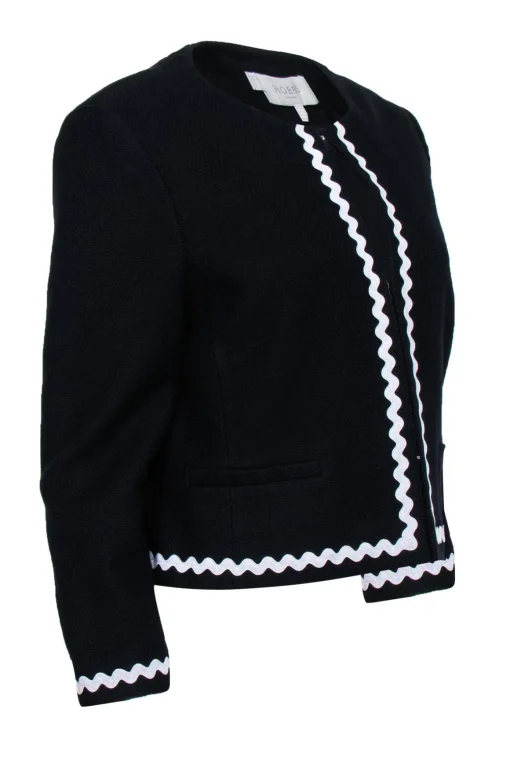 Hobbs - Black Woven Cropped Jacket w/ Wavy Trim Sz 12