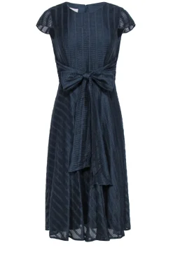 Hobbs - Navy Textured Striped Cap Sleeve Midi Dress w/ Back Tie Sz 4