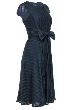 Hobbs - Navy Textured Striped Cap Sleeve Midi Dress w/ Back Tie Sz 4