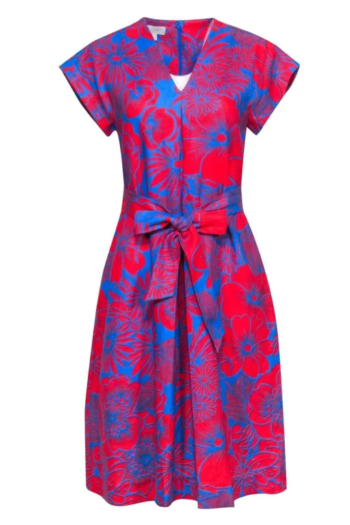 Hobbs - Red & Blue Print Sleeveless Dress Sz 6