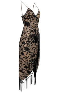 House of Harlow - Beige & Black Vintage Floral Print Wrap Dress w/ Fringe Trim Sz S